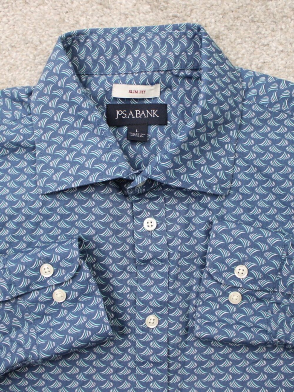 Jos. A. Bank Shirt Mens Large Blue Geometric Slim Fit 100% Cotton Long Sleeve